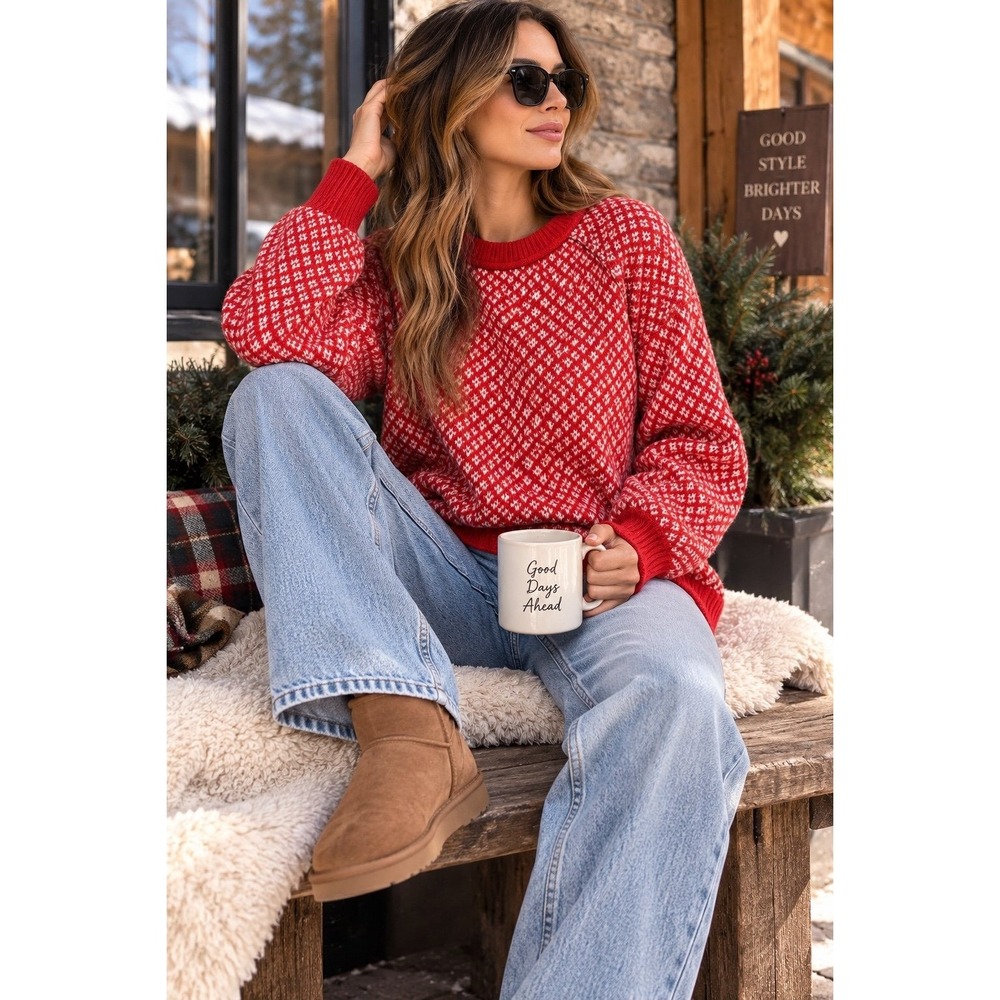 STACCATO Women L Red White Nordic Fair Isle Knit Sweater Pullover Cozy